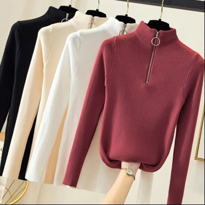 Half-Zip Mock Neck Slim Knit Sweater – 12 Colors