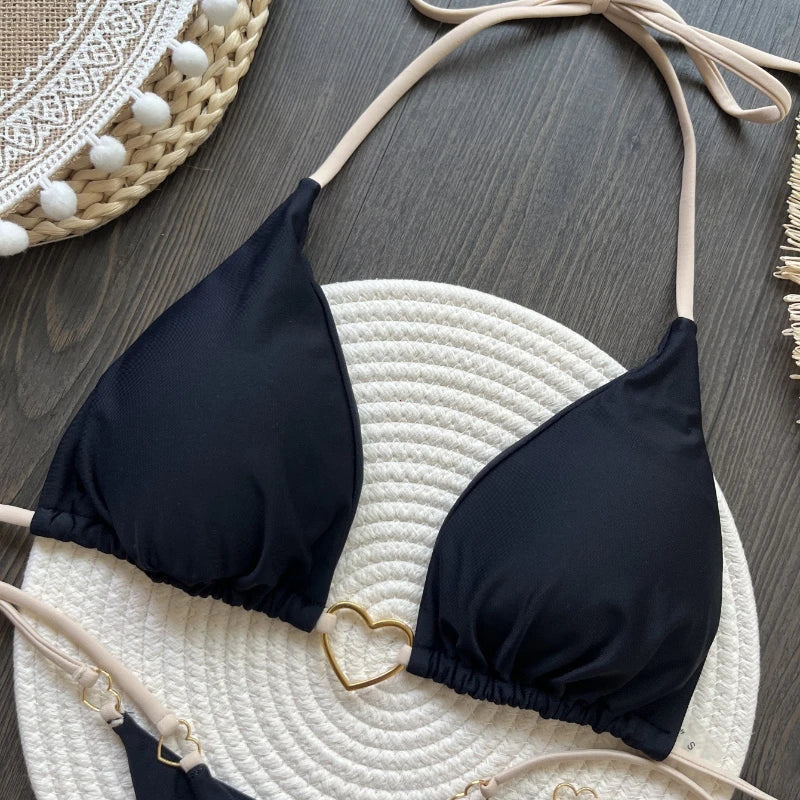 Low-Rise Lace-Up Bikini Set – Solid Color Two-Piece Swimsuit