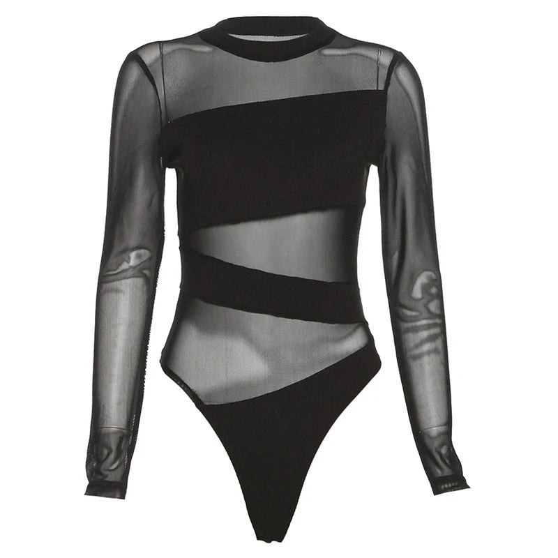 Women's Sheer Mesh Cut-Out Bodysuit – Long Sleeve Diagonal Hollow Clubwear