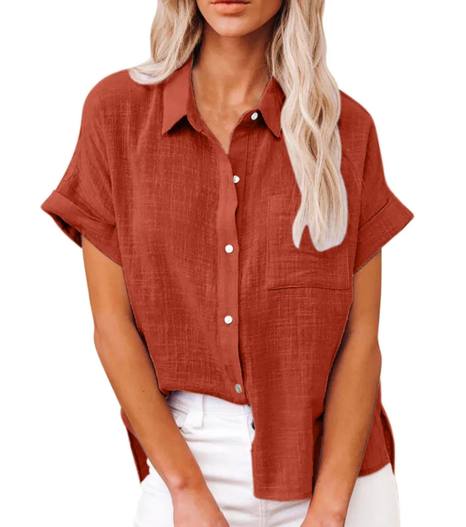 Women's Linen Pocket Blouse - Short Sleeve Loose Fit (S-5XL)