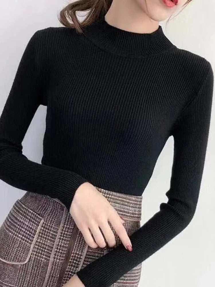 Women's Mock Neck Slim Knit Pullover | Vintage Basic Solid Sweater 11 Colors One Size