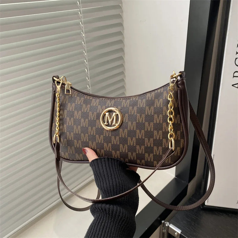 Vintage Gold Letter 'M' PU Leather Crossbody Bag — Shoulder & Messenger Handbag