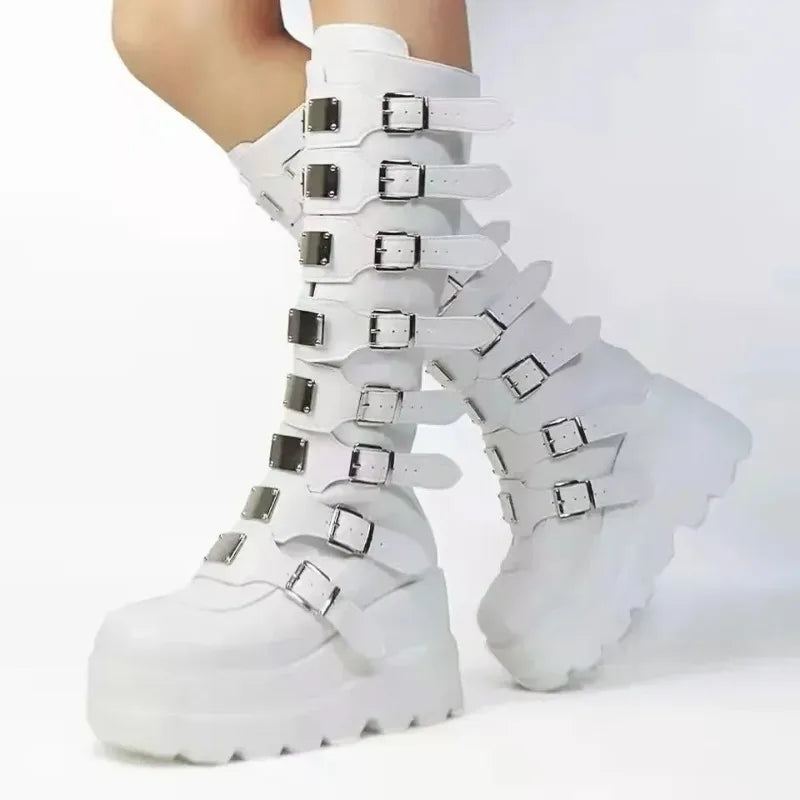 Botas altas para mujer Gótico Zapatos Plataforma Botas hasta la rodilla Punk Negro Sexy Motocicletas Botas Nuevas Botas de Halloween Cosplay Zapatos de mujer