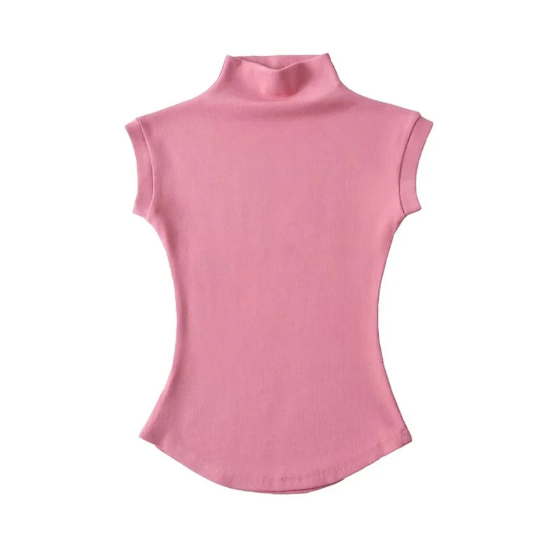 Sleeveless Turtleneck Crop Top – Slim Fit Streetwear Tee for Women