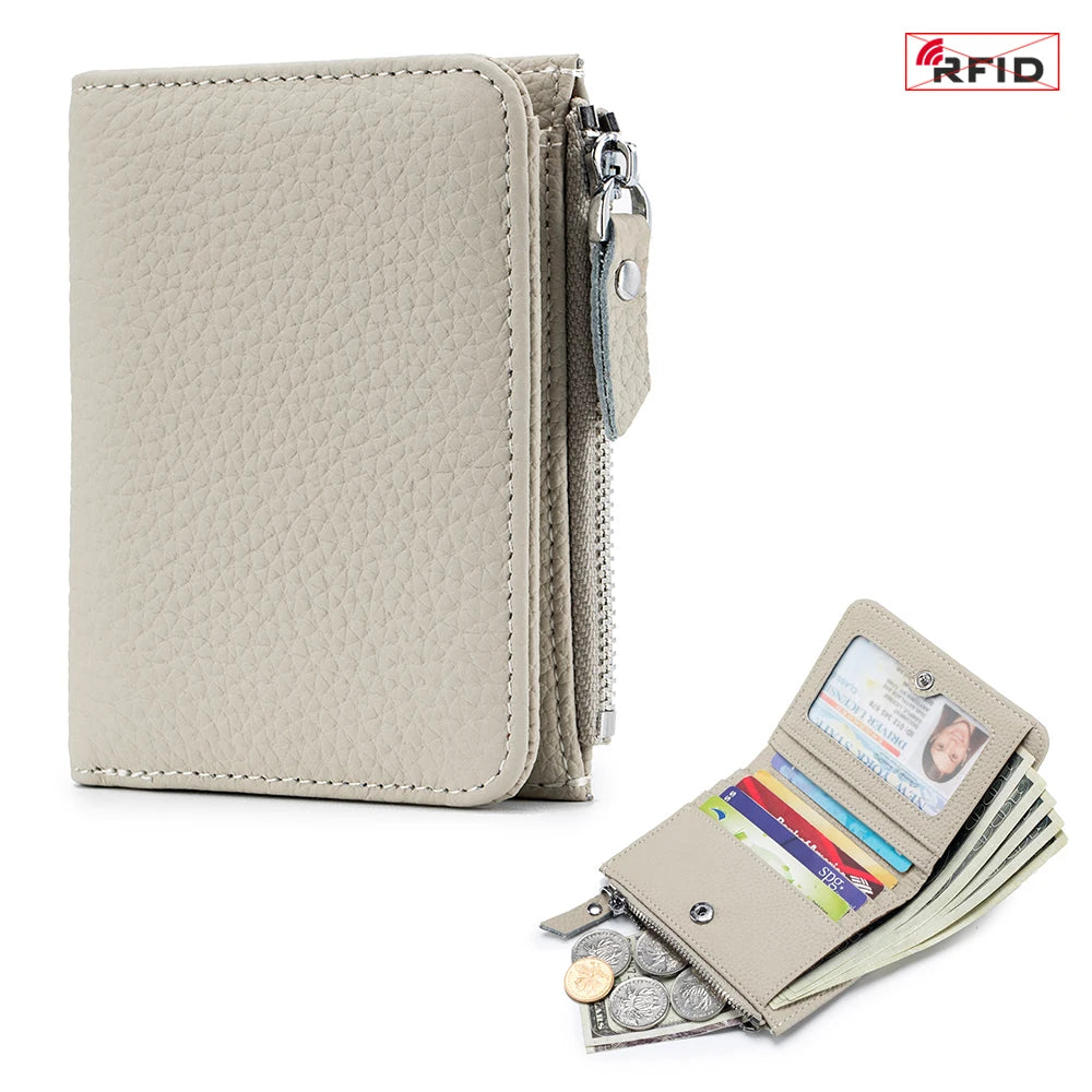 Genuine Cow Leather Short Wallet — RFID Blocking Card Holder & Coin Purse