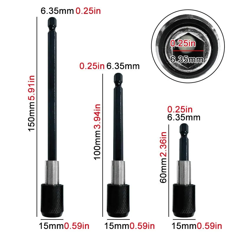 3PC 1/4" Hex Quick-Release Extension Rod Set – 60/100/150mm Drill Driver Bits