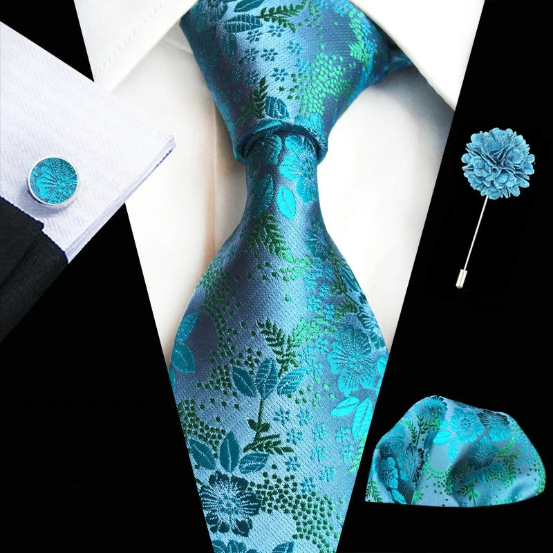 Floral Silk Necktie, Pocket Square & Cufflinks Set – Multiple Colors