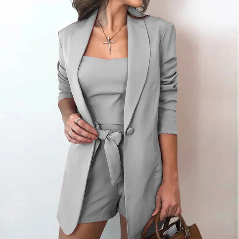 Women's 3-Piece Blazer Suit Set – Tube Top, Wide-Leg Shorts & One-Button Blazer