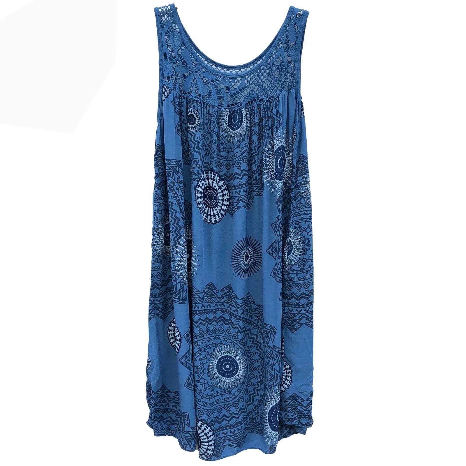 Women's Plus Size Boho Print Swing Dress – Lace Crochet Neck Sleeveless Camisole