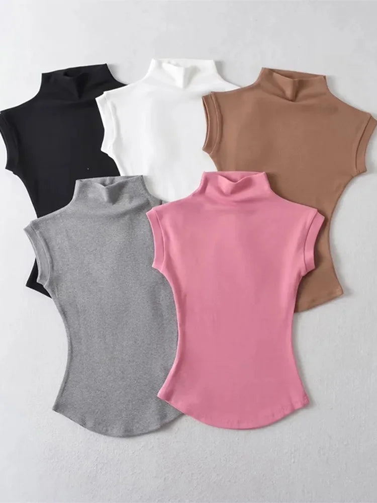 Sleeveless Turtleneck Crop Top – Slim Fit Streetwear Tee for Women
