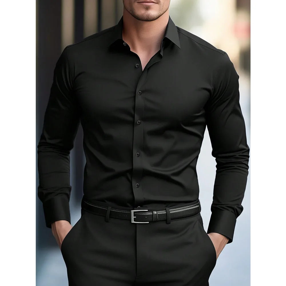 Camisa de manga larga de color liso para hombre