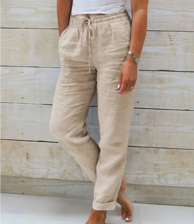 Pantalones de Verano de Lino y Algodón para Mujer, Cintura Alta Elástica, Pantalones Casuales, Ropa Urbana, Color Liso, Ropa Femenina 2026, Pantalones Lápiz Holgados