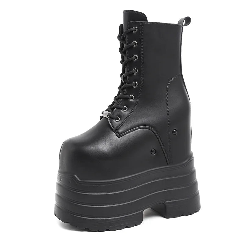 Botas altas de mujer con aumento de altura, cuero negro, plataforma de suela gruesa, cremallera lateral, estilo gótico punk, botines cortos, estilo urbano