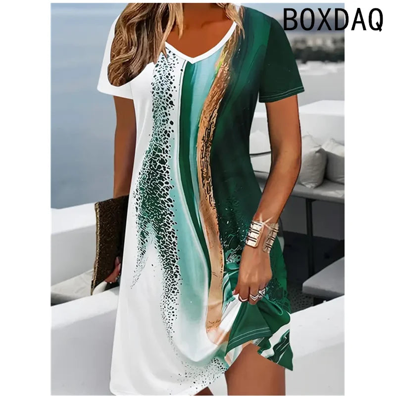 Vestido de mujer de verano de manga corta con cuello redondo, casual, holgado, línea A, talla grande 3XL, estampado 3D a rayas, elegante, vintage