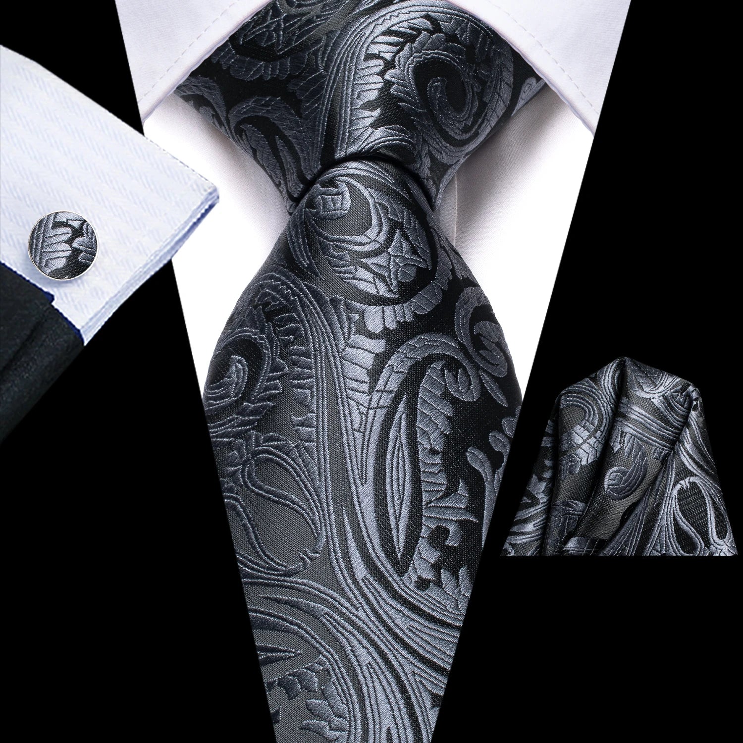 Floral Necktie Set for Men — Tie, Pocket Square & Cufflinks