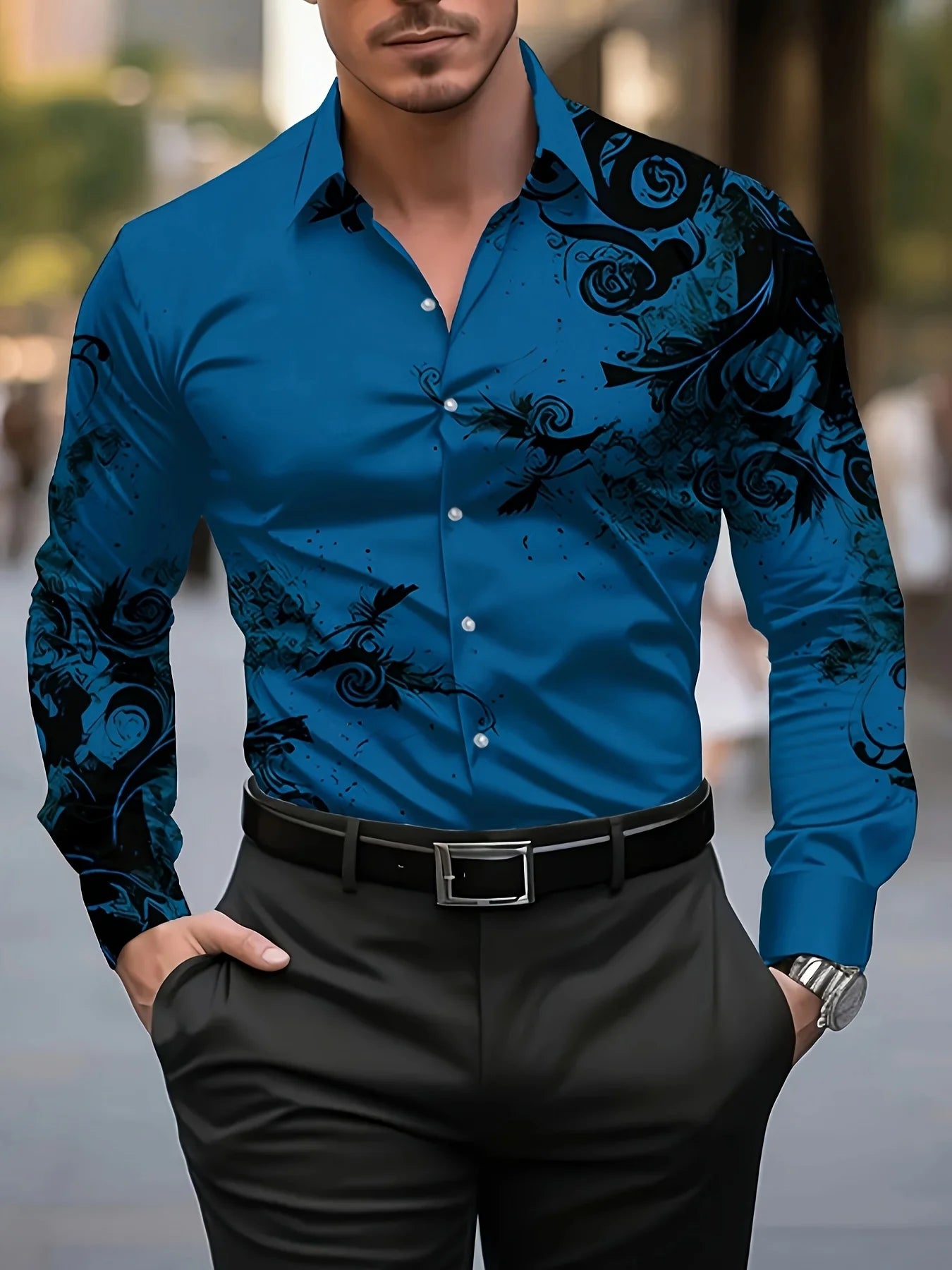 Men's Floral Print Dress Shirt - Long Sleeve Button-Up (S-5XL)