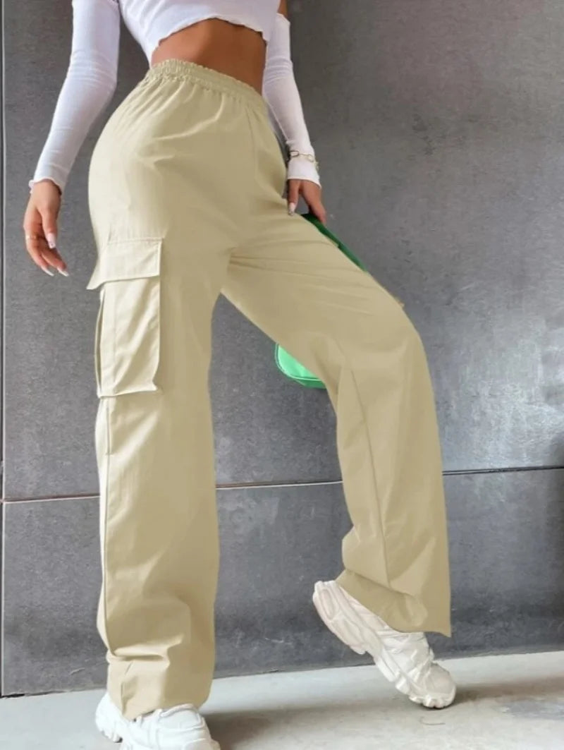 Pantalones de chándal anchos de moda para mujer, informales, de viaje, elegantes, rectos, tipo cargo, de cintura alta elástica, holgados y elegantes.