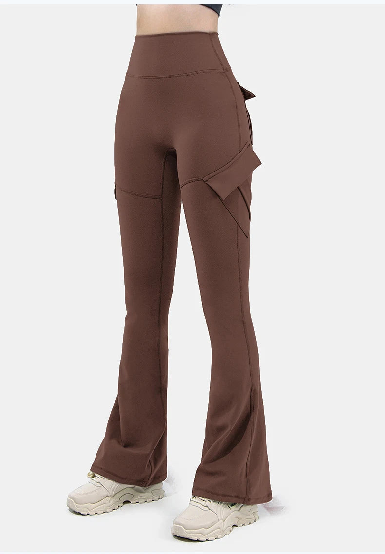Leggings de yoga de pierna ancha para mujer, nuevos, de alta elasticidad, sensación de desnudez, compresión, ropa de trabajo de fitness con bolsillos, pantalón de yoga