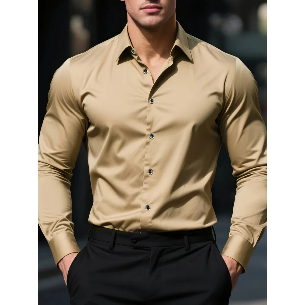 Camisa de manga larga de color liso para hombre