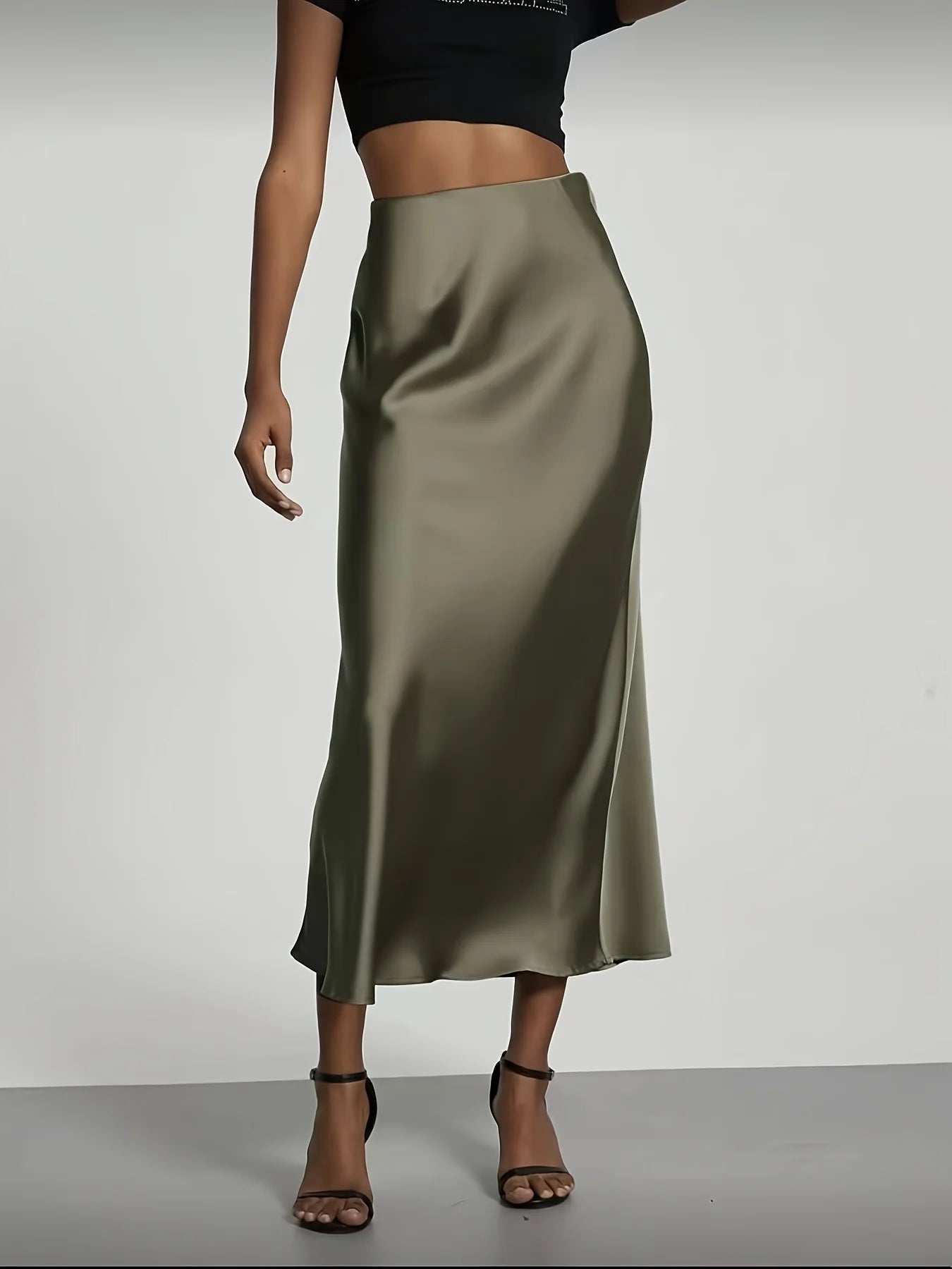 Satin High-Waist Midi Skirt