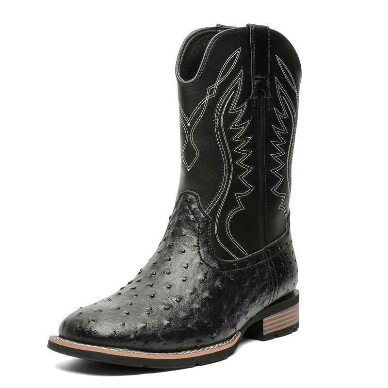Men's Retro Slip-On Cowboy Boots – Wide Square Toe Embroidery Mid-Calf