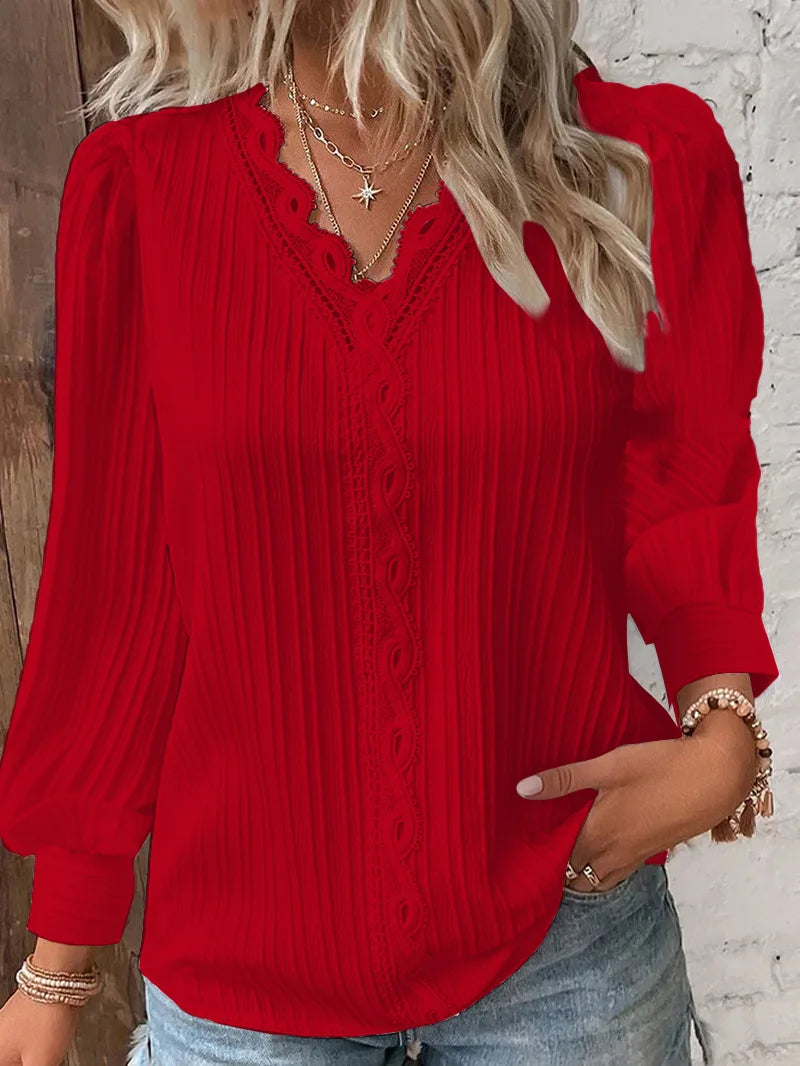 Women's Lace Patchwork Blouse - V-Neck Long Sleeve (S-XXL)