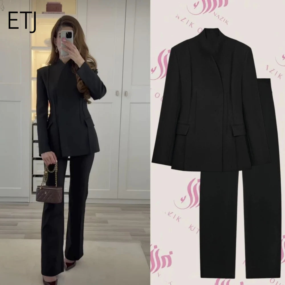 Women's High-Collar Slim Suit Jacket & Trousers Set