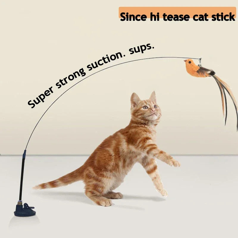 Simulated Bird Cat Teaser Toy – Feather Wand with Upgraded Suction Cup & Steel Wire Rod