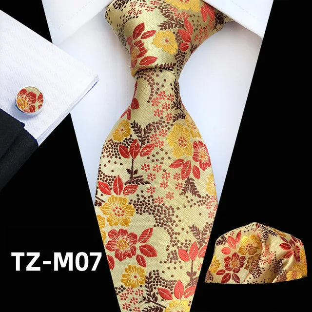 Floral Silk Necktie, Pocket Square & Cufflinks Set – Multiple Colors