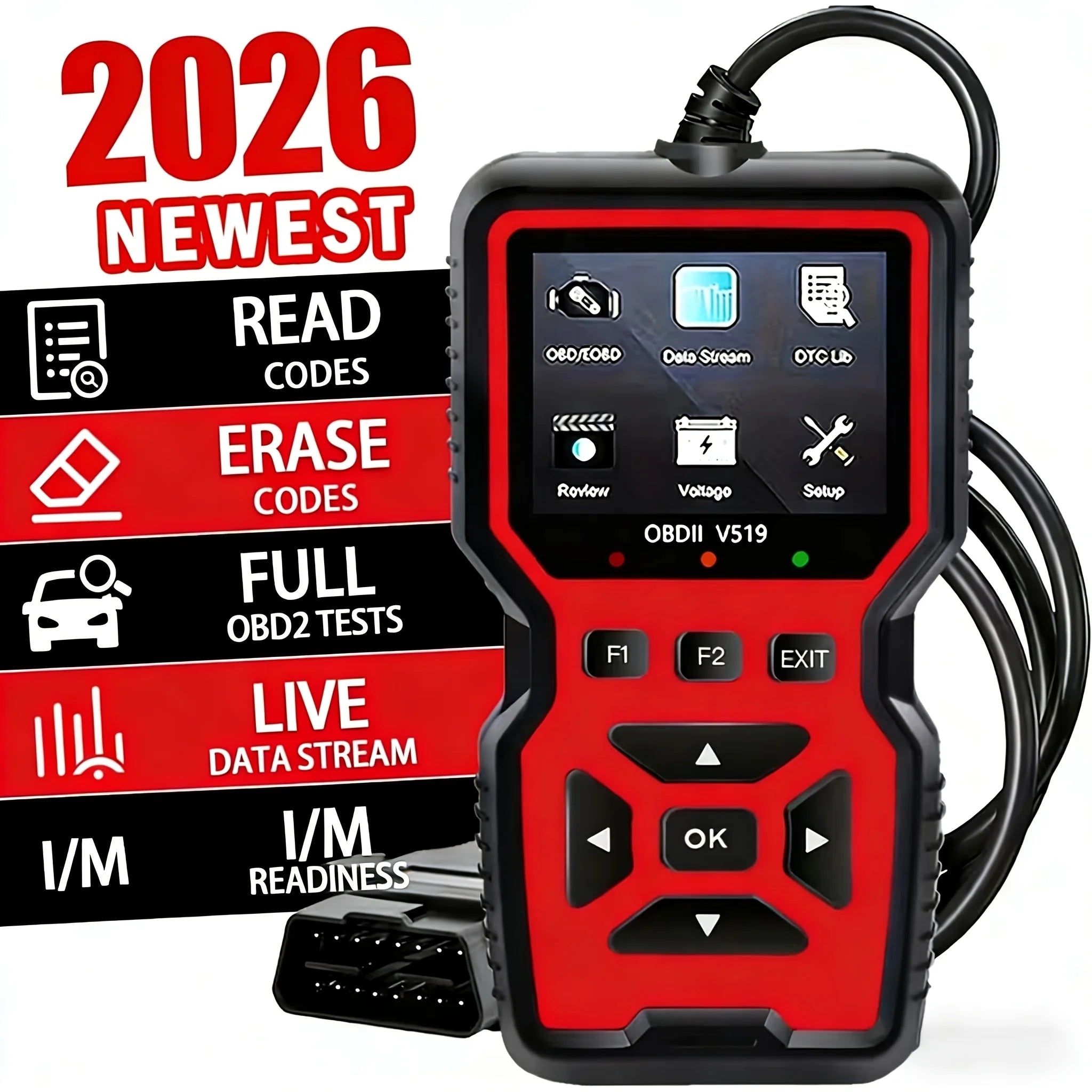 V519 OBD2 Car Diagnostic Scanner – USB Powered, Real-Time Data, Reads & Clears Engine Codes