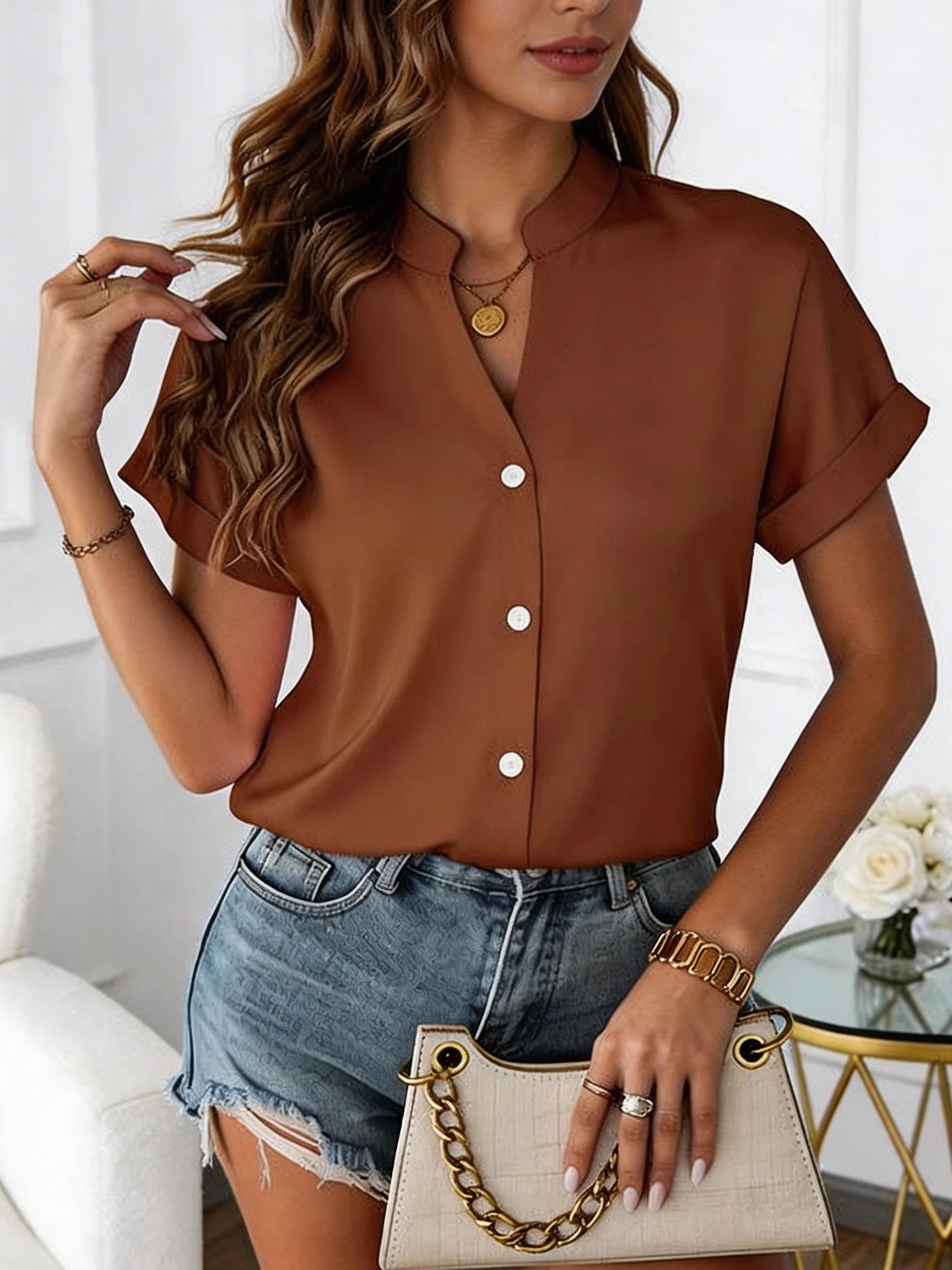 Women's V-Neck Blouse - Short Sleeve Loose Fit (S-XXL)