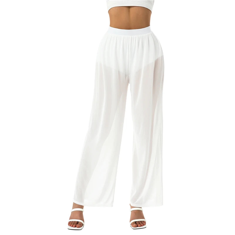 Pantalón sexy transparente de cintura alta para mujer, informal, largo, estilo Y2K, pernera ancha, transparente, largo, para verano, ropa urbana