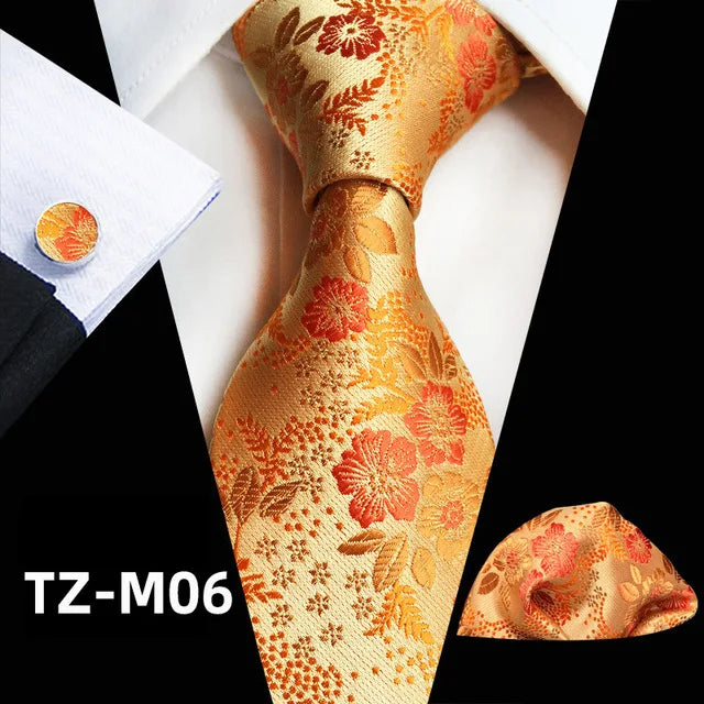 Floral Silk Necktie, Pocket Square & Cufflinks Set – Multiple Colors