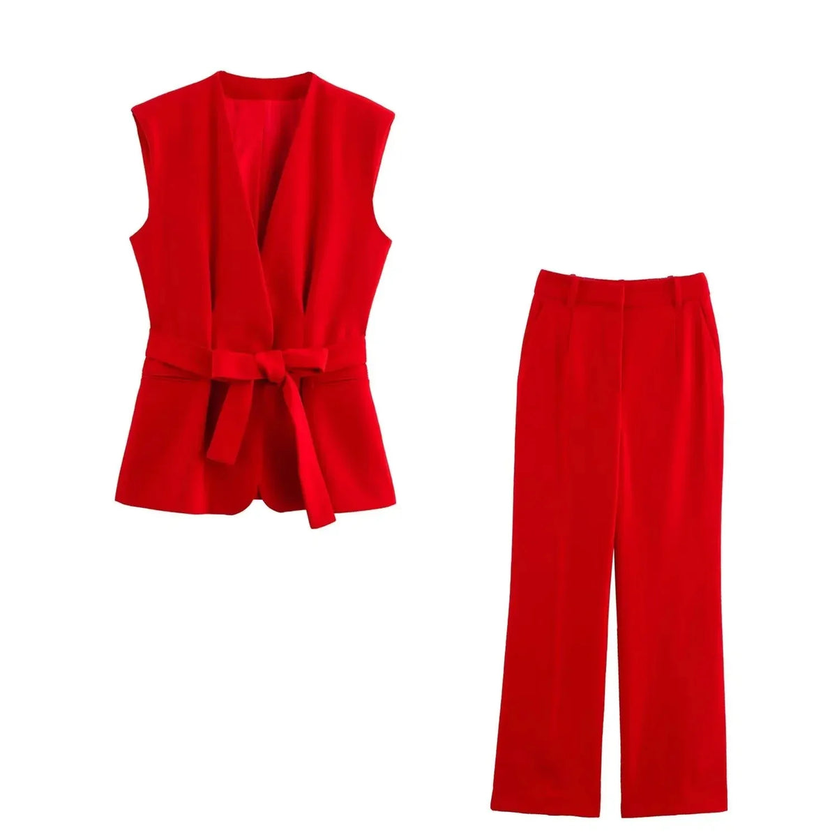 Women's Red V-Neck Vest Blazer & Wide-Leg Pants Suit Set