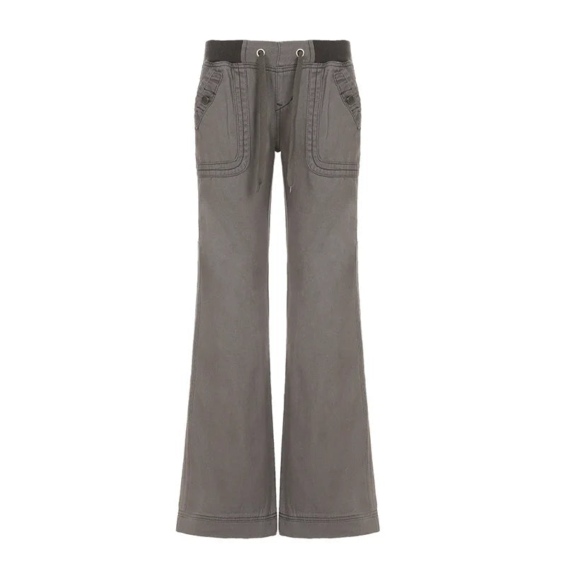 Retro Lace-up Low Rise Pants Streetwear Patchwork Loose Casual  for Women Harajuku Straight Trousers Korean Fashion