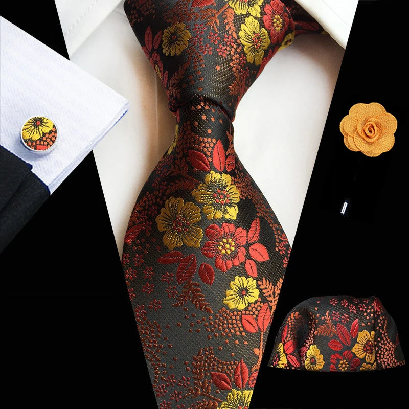 Floral Silk Necktie, Pocket Square & Cufflinks Set – Multiple Colors