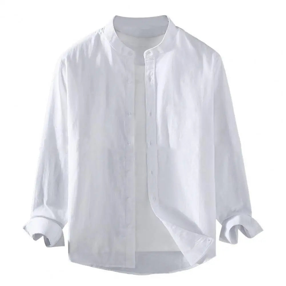 Men's Linen Stand Collar Shirt - Long Sleeve Casual (M-4XL)