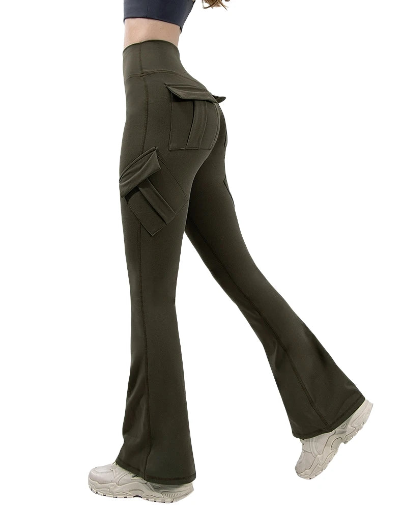 Leggings de yoga de pierna ancha para mujer, nuevos, de alta elasticidad, sensación de desnudez, compresión, ropa de trabajo de fitness con bolsillos, pantalón de yoga