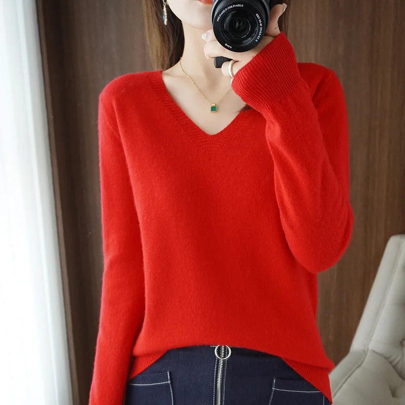 Women's V-Neck Lace Hollow-Out Knit Sweater | Casual Long Sleeve Pullover 10 Colors M-XXL