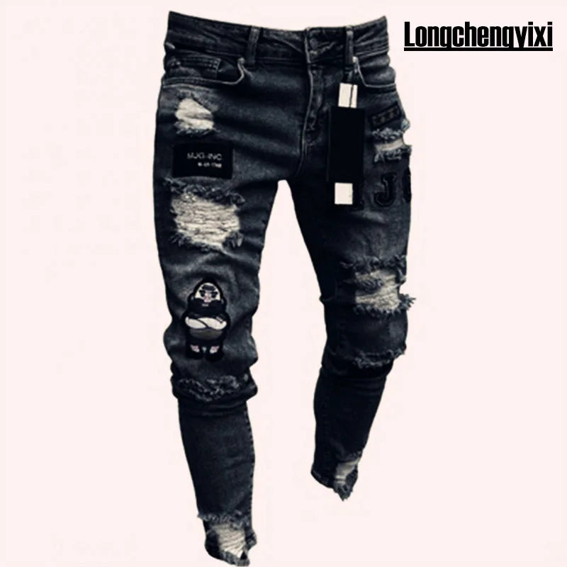 Unisex White Embroidery Ripped Skinny Jeans