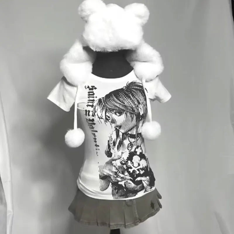 Y2K Anime Graphic Crop Tee – 90s Harajuku Streetwear T-Shirt