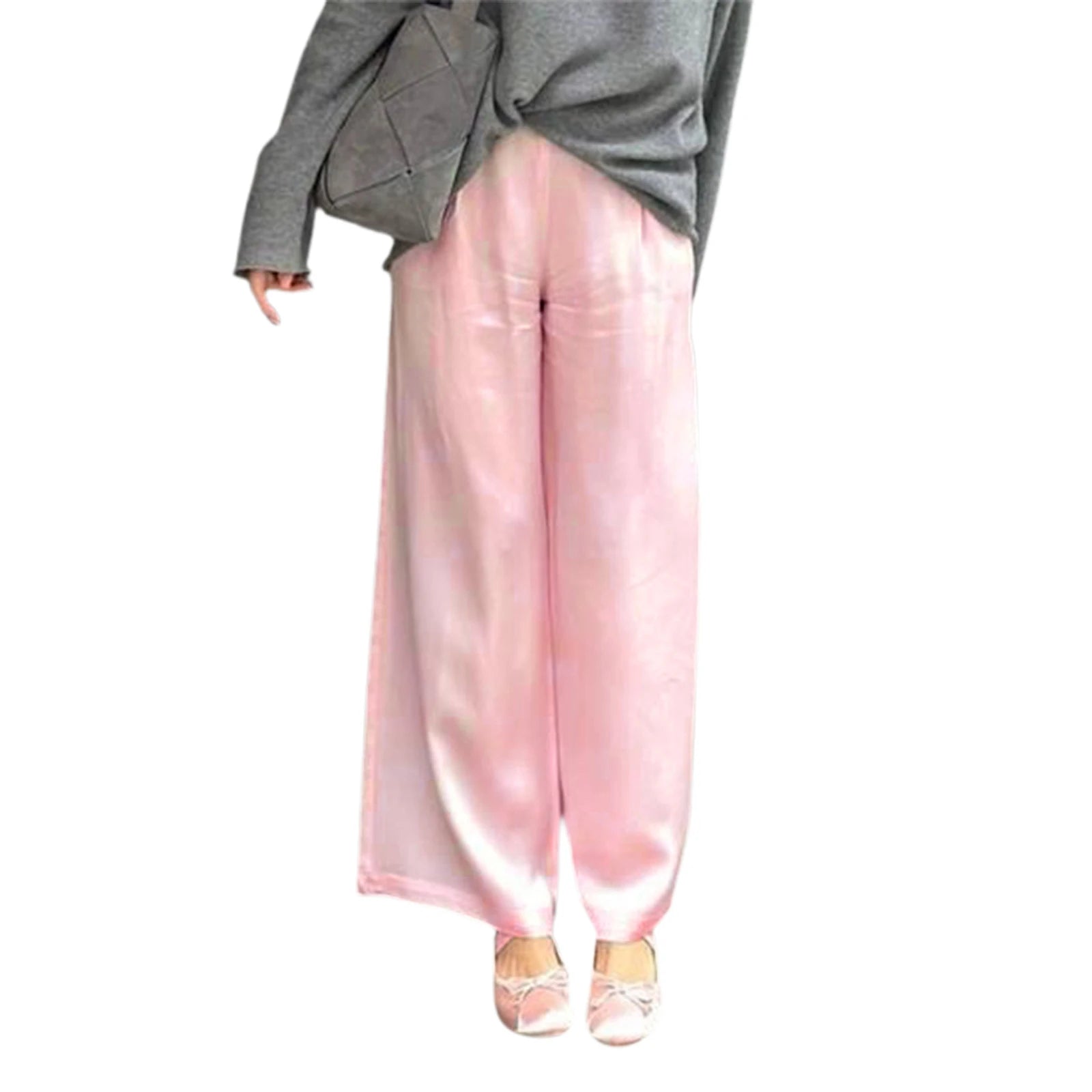 Elegantes pantalones de satén de pernera ancha para mujer, con estilo, cintura elástica, ajuste holgado, pantalones largos para ropa de calle, trabajo, color liso