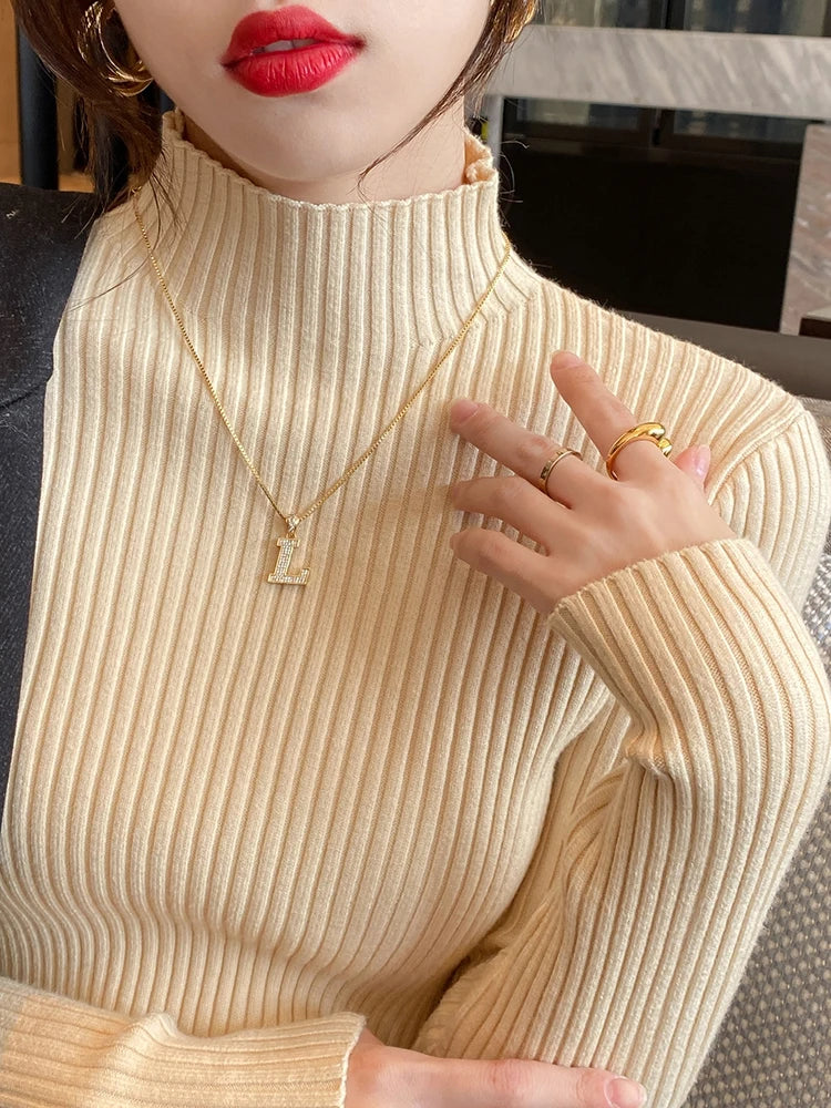 Women's Elegant Mock Neck Slim Knit Sweater | Long Sleeve Casual Pullover 9 Colors One Size
