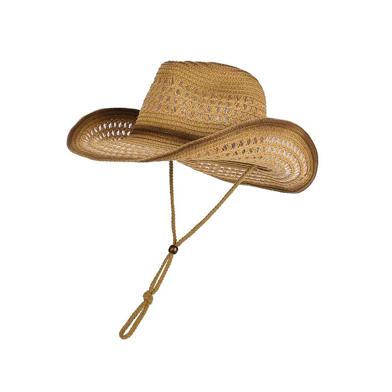 Sombrero de paja vaquero tejido ahuecado transpirable con ribete negro y color contrastante, con correa a prueba de viento, adecuado para protección solar en la playa al aire libre, unisex, regalo de vacaciones