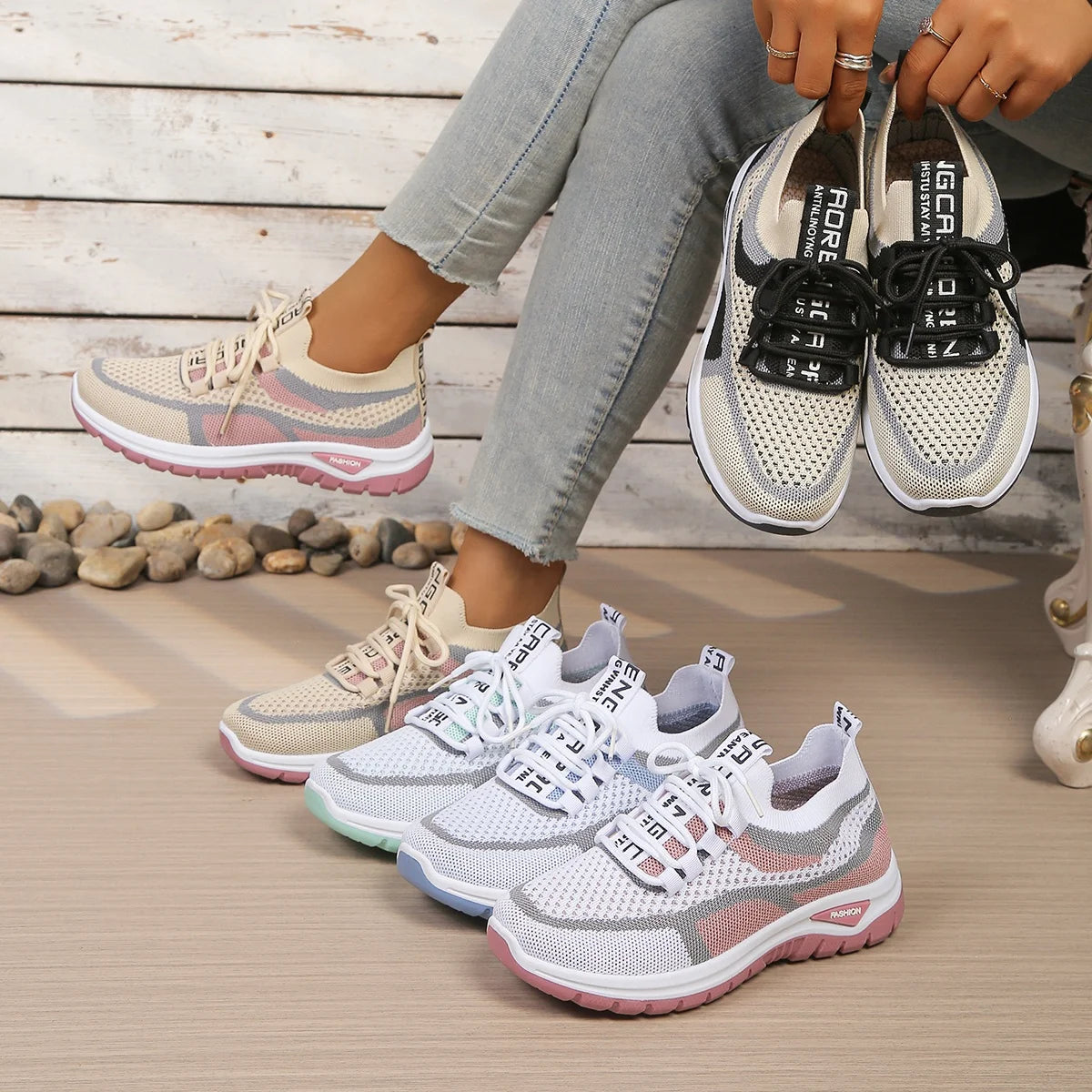 Women's Two-Tone Canvas Sneakers – Lace-Up Casual Work Shoes