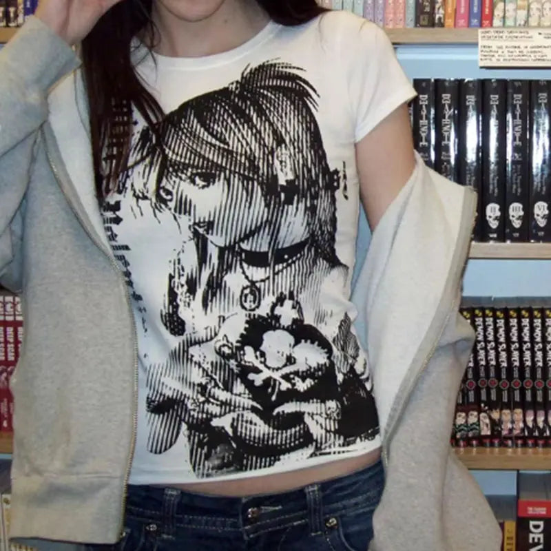 Y2K Anime Graphic Crop Tee – 90s Harajuku Streetwear T-Shirt