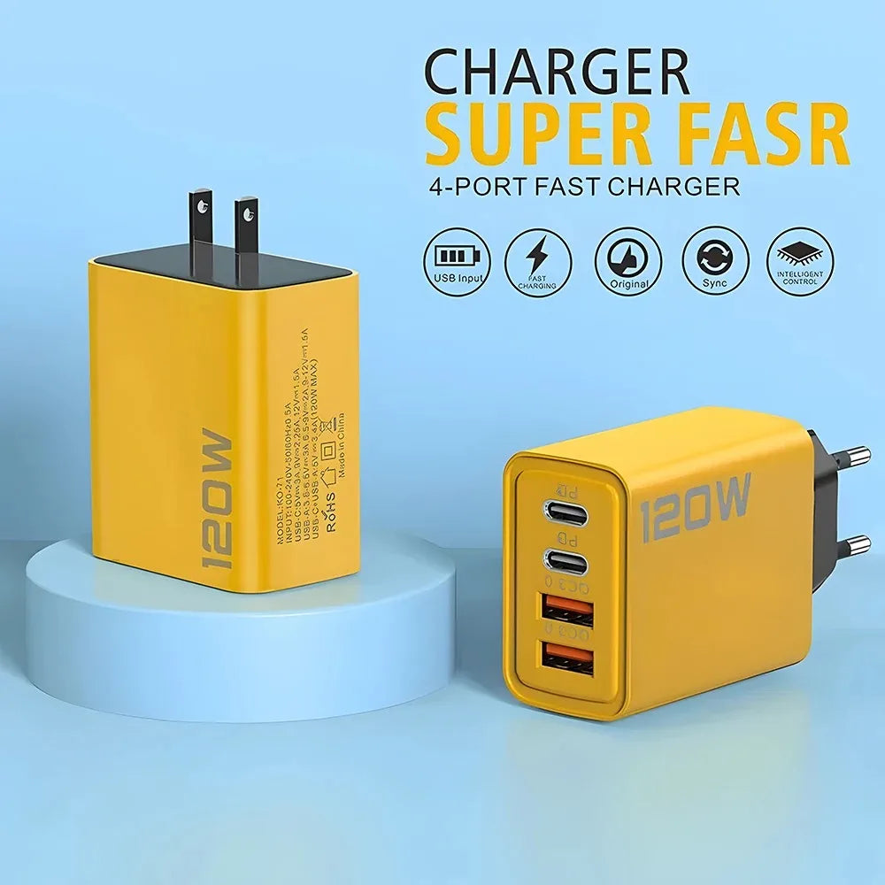 4-Port USB-C Fast Charger 120W – Quick Charge 3.0, Compatible with iPhone, Samsung & More