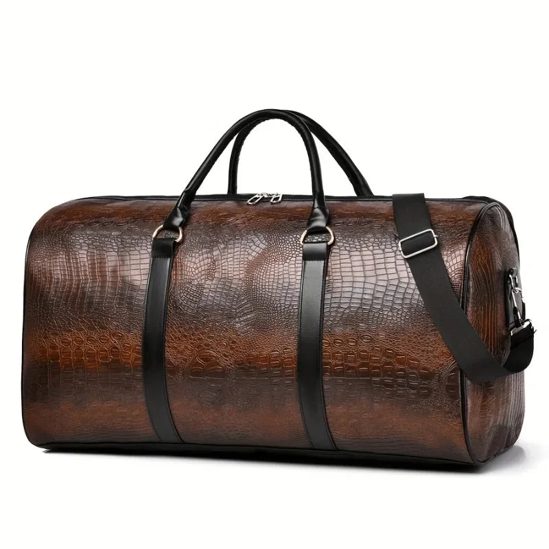 Retro Crocodile-Textured PU Leather Travel Duffel Bag