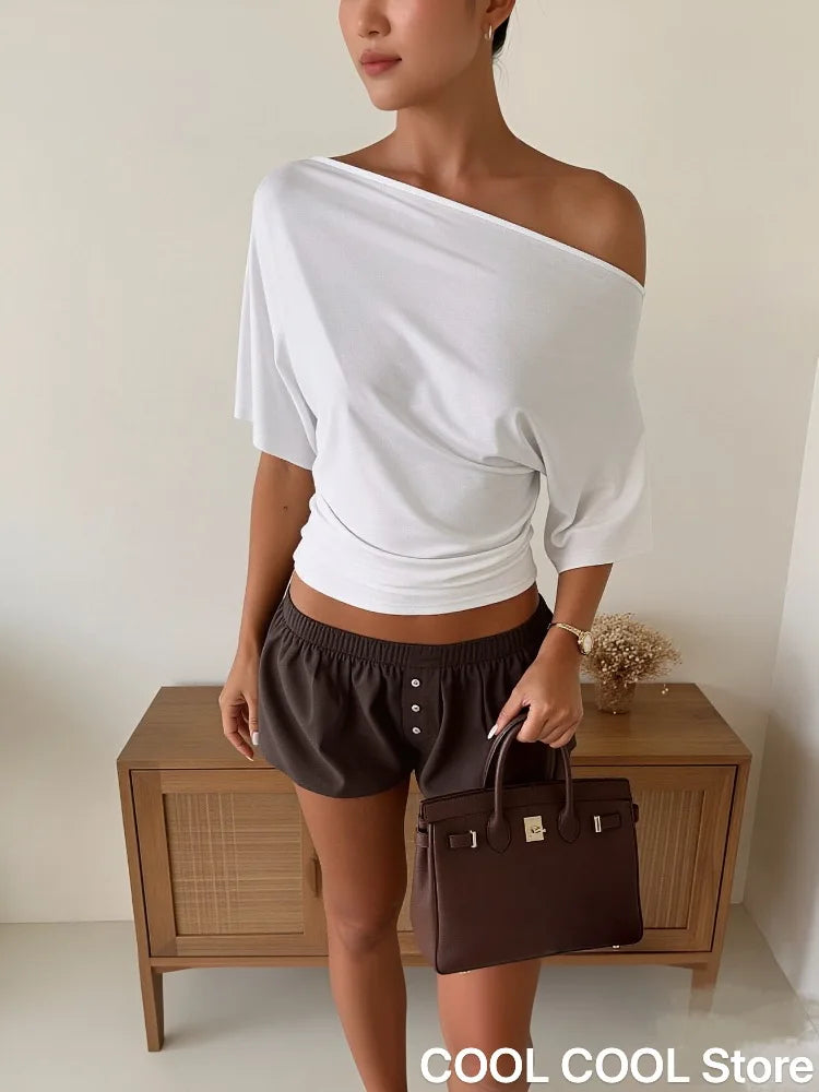 Off-Shoulder Crop Top – Slim Fit Short Sleeve Pullover for Women