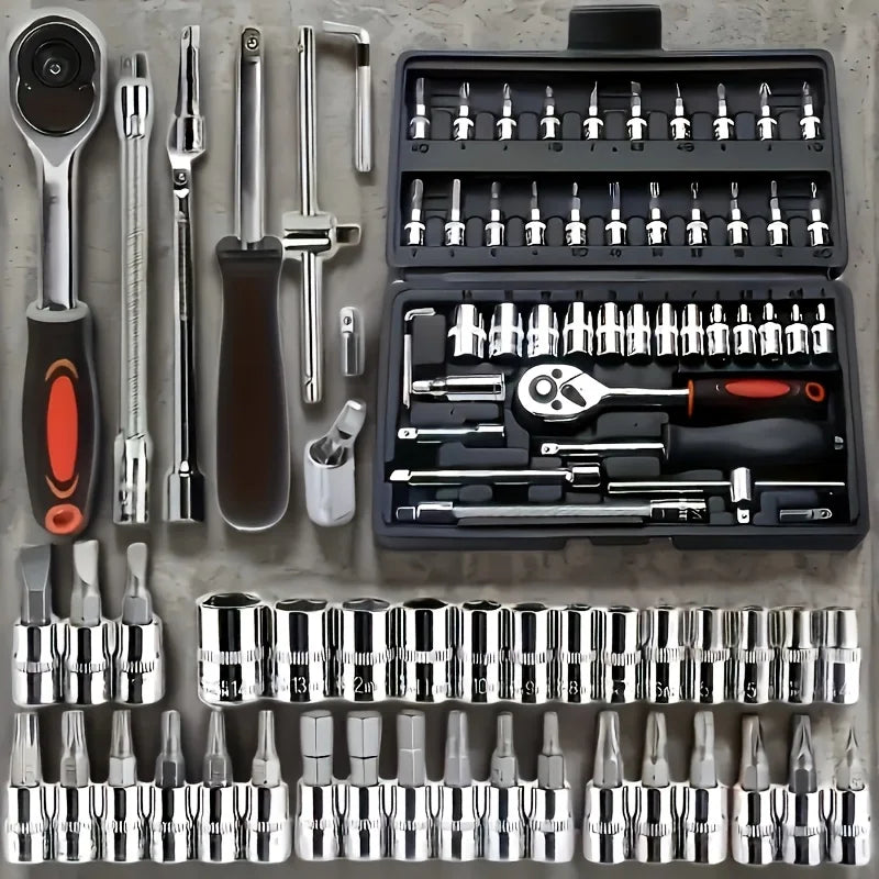 Juego de vasos de acero CR-V de 46 piezas – Llave de carraca, barra de extensión y bolsa de almacenamiento para reparación de automóviles y el hogar
